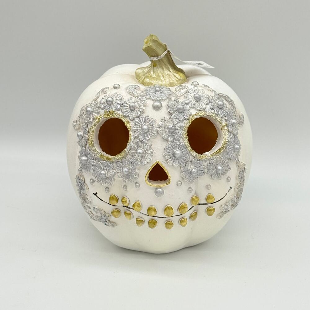 Light Up Sugar Skull Pumpkin Jack O Lantern Day Of The Dead White Silver Gold